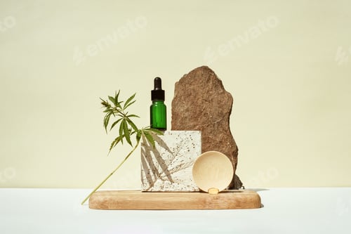Preview: CBD oil in bottle, cannabis bush, hemp on geometric podium
