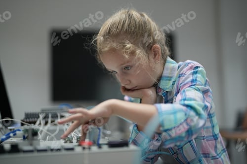 Preview: Children using technology, students working with robot for science project in classroom