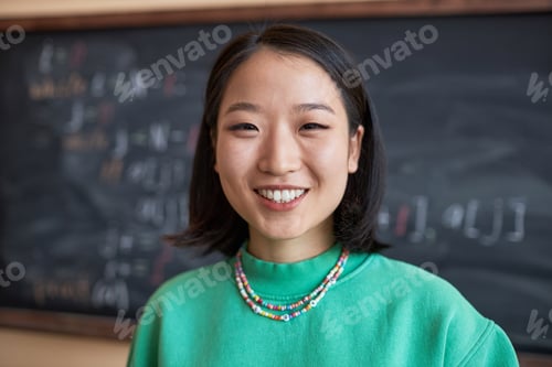 Preview: Face of happy young Asian teacher or student in green pullover