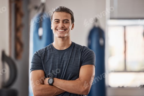 Preview: Gym, fitness and portrait of proud man standing with smile, motivation, health and energy for train