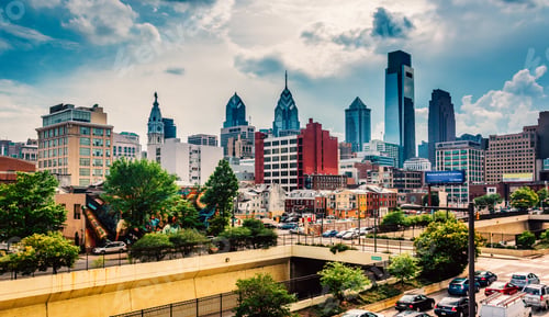 Preview: View Of The Philadelphia Skyline From The Reading Viaduct, Philadelphia, Pennsylvania.