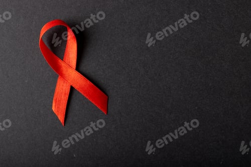 Preview: Directly above shot of aids awareness red ribbon isolated against black background, copy space