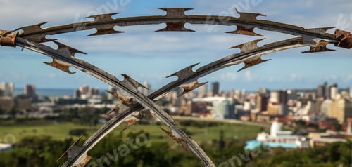 Preview: Wide angle shot of a city seen through the metal cords with sharp ends