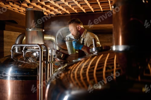 Preview: Brewer adding ferment with yeast or hop into beer tank