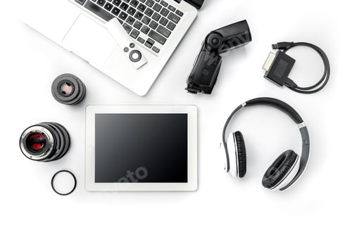 Preview: Workplace of business. Modern male accessories and laptop on white