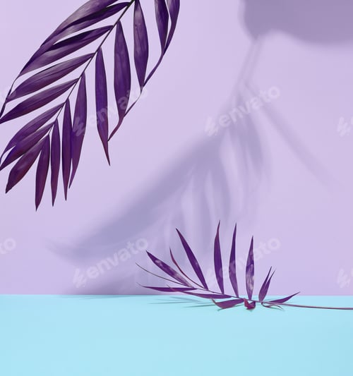 Preview: Purple palm leaves with shadow on a blue violet background.