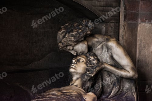 Preview: Close-up shot of religious grave sculptures in Milan, Italy
