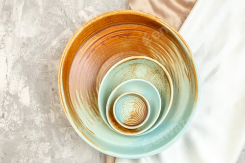 Preview: top view brown plate with smaller plates on light surface kitchen food glass ladies colour meal