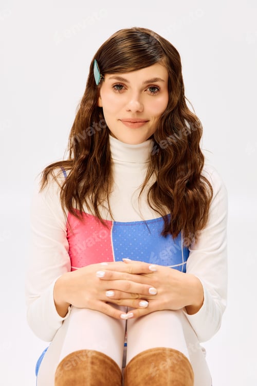 Preview: Charming woman radiates elegance in vibrant fashion during a stylish photoshoot