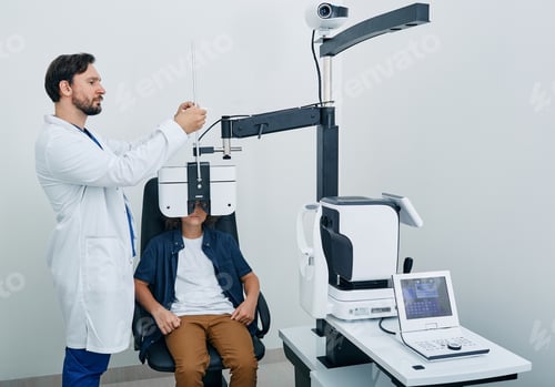 Preview: Optometrist doing vision test for curly boy patient using modern phoropter at ophthalmology clinic.