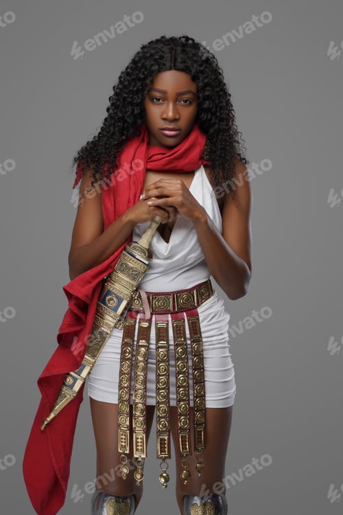 Preview: Stylish black woman with long wavy hairs and sword