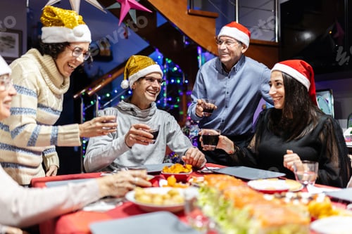 Preview: Group of hispanic latin people social gathering for new year dinner