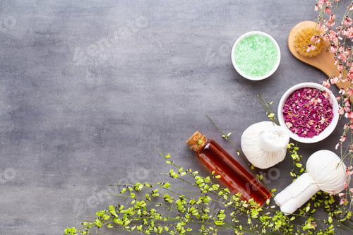 Preview: Spa natural skin care products background with space, cosmetic products.