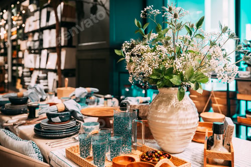 Preview: View of assortment of decor for interior shop in store of shopping center. Home accessories and