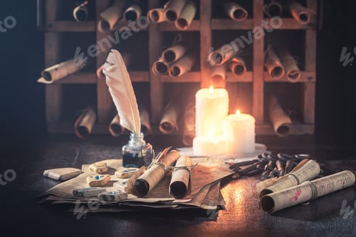 Preview: Magic library full of medieval and old scrolls