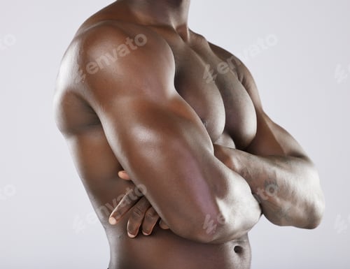 Preview: Black man, strong arms and muscle for fitness, exercise workout and bodybuilder sports wellness. Af