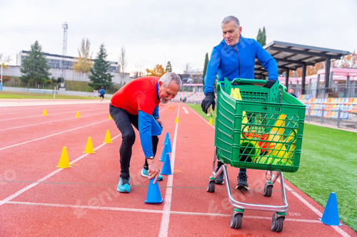 Preview: Men preparing cones to train in a running track