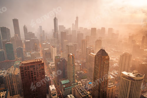 Preview: Chicago, Illinois, USA downtown cityscape with a fog rolling in.