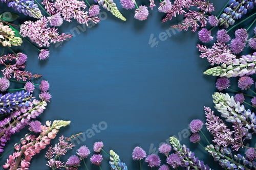 Preview: Floral blue background, frame with fresh flowers