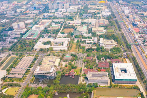 Preview: Aerial top view of university or college campus buildings. Skyline
