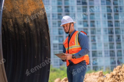 Preview: Engineer worker operations construction plans large black drainage pipe