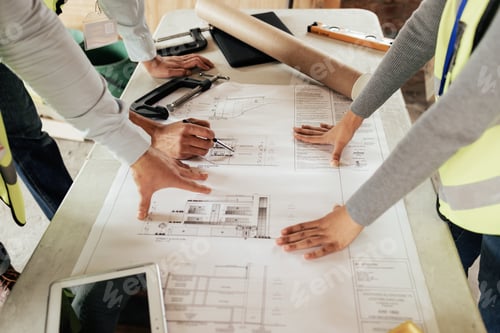 Preview: Architect team planning, hands collaboration and blueprint paper, strategy and building designers w