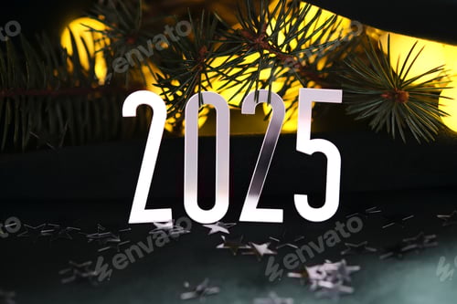 Preview: New Year's holiday background with bokeh with the number of the year 2025.