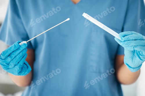 Preview: Hands, doctor and covid test in hospital for research, collect and healthcare innovation closeup. H