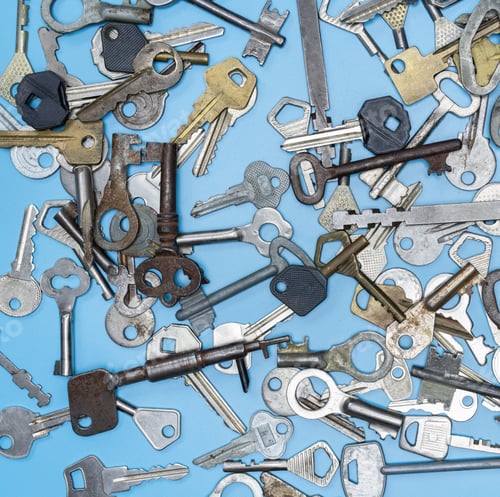 Preview: Keys set on blue background. Door lock keys and safes for property security and house protection