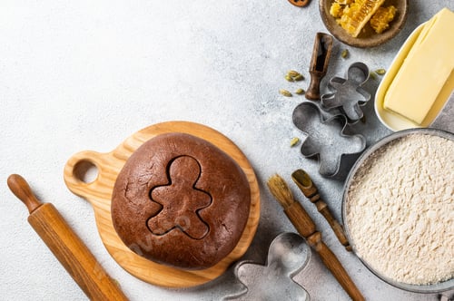 Preview: Christmas Baking background. Ingredients for cooking christmas baking on light background.