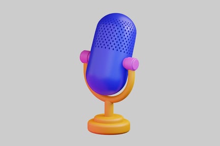 Preview: Blue microphone with perforated grille and pink knobs on orange stand