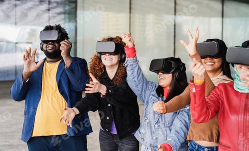 Preview: Young people wearing virtual glasses outdoor - Metaverse concept - Focus on red hair girl