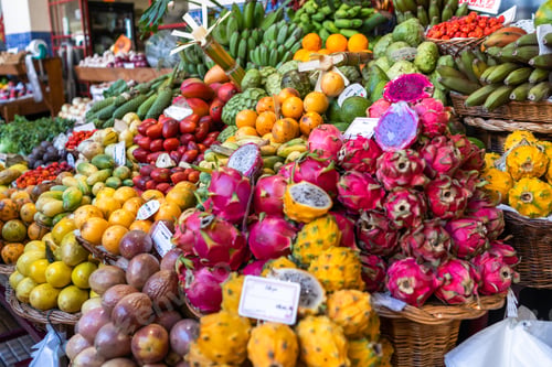 Preview: Fresh exotic fruits on famous market in Funchal Mercado dos Lavradores Madeira island, Portugal