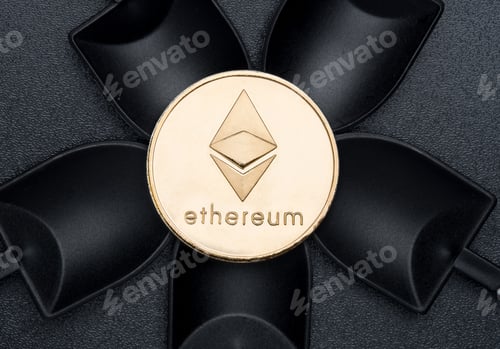 Preview: Top view gold ethereum crypto coin over black shovel mining on black rough ground