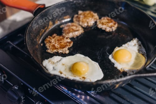 Preview: Breakfast sausage and eggs in a cast iron skillet