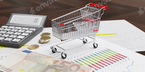 Preview: Shopping cart empty, euro money and calculator. Food and grocery cost concept