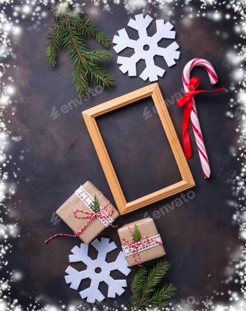 Preview: Christmas background with gift boxes and candy cane