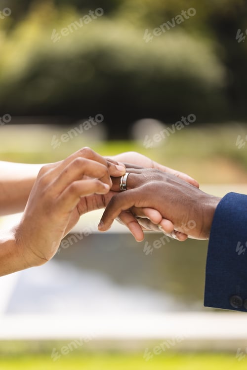 Preview: Hands of african american bride placing ring on finger of groom in sunny garden, copy space