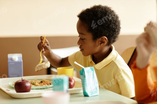 Visualização: Smiling Black Boy Sitting at Table Eating Lunch in School Cafeteria