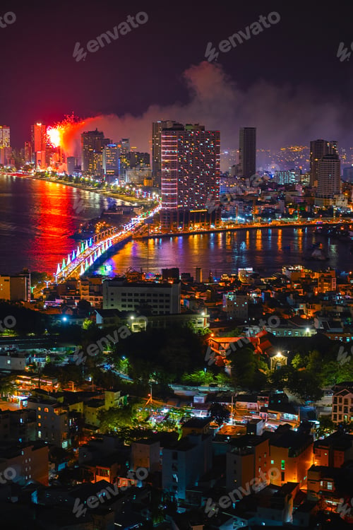 Preview: Night city life, lighting and salute. Metropolis nighttime, aerial view.