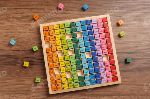 Preview: Colorful math game kit with arithmetical tasks on wooden table, flat lay