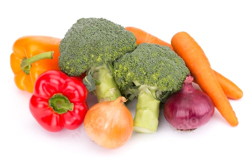 Preview: Fresh vegetables: brocolli, bell peppers, carrot, onion isolated on white background