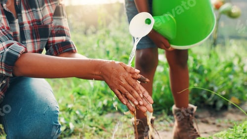 Preview: Environment, washing hands and watering can with people on farm for cleaning, hydration or hygiene.