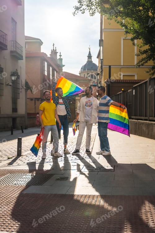 Preview: Homosexual friends at gay pride party in the city, diversity of young people, demonstration