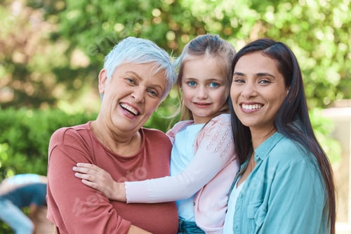 Preview: Family, women and portrait in a garden with love, hug and happy while bonding outdoors. Face, smile