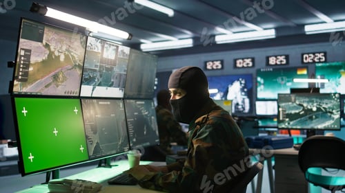Preview: Special forces spy examining data in monitoring room with chroma key monitors