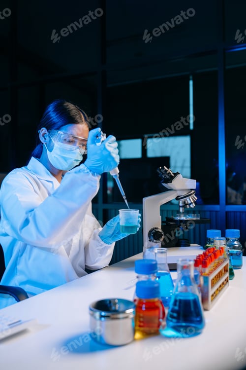 Preview: Female scientist working with micro pipettes analyzing biochemical samples, advanced science