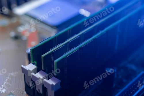 Preview: macro shot of the computer ram memry slots installed into the motherboard with colorful background