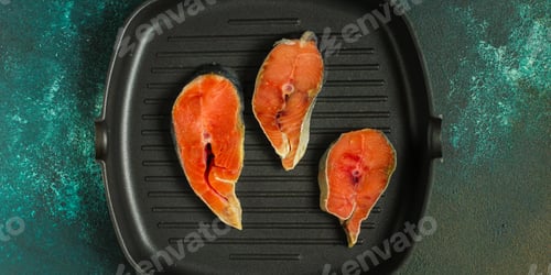 Preview: Salmon (Seafood) On A Dark Background. Food. Top