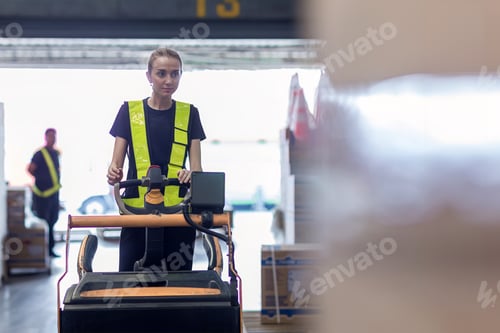 Preview: Woman worker at forklift driver happy working in industry factory logistic ship.